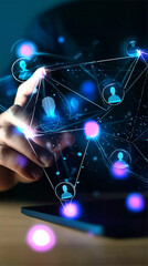 Finger touching holographic network of user profiles connected in a digital matrix interface
