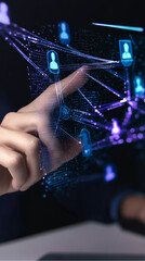 Hand interacting with digital hologram of connected user profiles over smartphone screen
