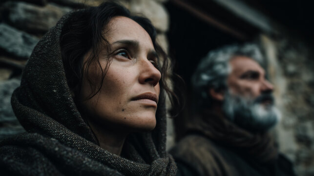 Mujer y hombre con miradas serias frente a casa de piedra en entorno rural