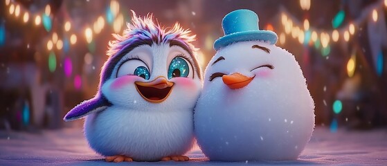 Obraz premium Cute penguin and snowman friends embracing in a snowy, festive setting