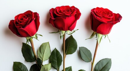 Fototapeta premium Three Beautiful Red Roses with Fresh Green Leaves on a Simple White Background Perfect for Celebrations, Love, and Special Occasions