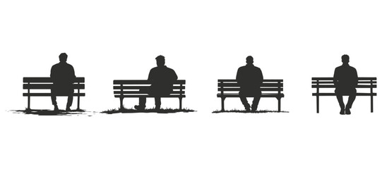 Solitary Figures Sitting on Park Benches Silhouette Illustration Design Graphic