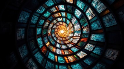 An intricate spiral pattern created by colorful stained glass windows, allowing sunlight to filter through, resulting in a radiant display that captivates and inspires awe and contemplation.
