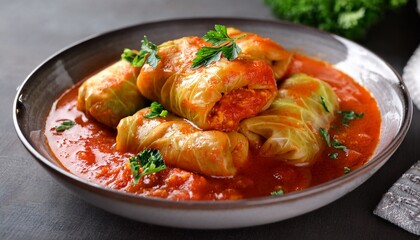 Fototapeta premium delicious stuffed cabbage rolls cooked with homemade tomato sauce in bowl closeup