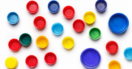 Colored plastic bottle's covers on white background, top view,