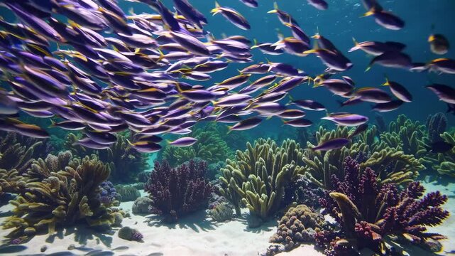 School of vibrant fusilier fish swimming gracefully over multicolored coral reef, revealing marine ecosystem diversity in underwater marine environment