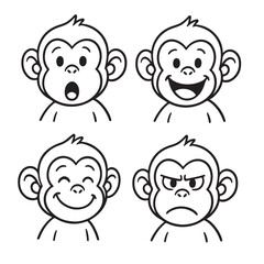 A set of four cartoon monkey faces showing different emotions in a clean black and white line art style. The expressions include surprise, joy, calm happiness, and anger.