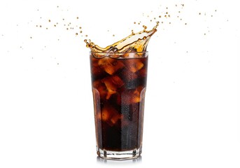 Refreshing cola drink with ice cubes splashing out of a glass on white backdrop