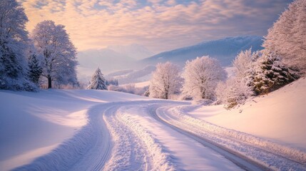 A serene winter landscape unfolds. Snow blankets the ground and trees. Gentle curves of the road invite exploration. A tranquil scene for winter lovers. Generative AI