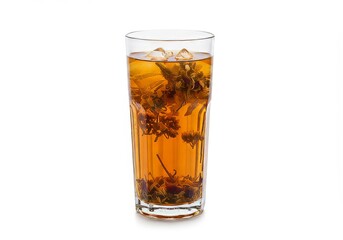 Refreshing iced tea with floral infusions in a tall clear glass on white