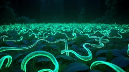 Glowing Filaments Flowing Through Nighttime Foliage Lush Green Plants Illuminated Abstract Nature Scene - Powered by Adobe