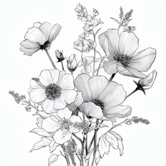 Naklejka premium Intricate monochrome artwork showcases an elegant bouquet, perfect for a touch of floral sophistication.