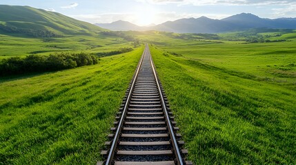 Railroad Tracks in a Green Field Landscape