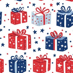 Festive Gift Box Illustration with Red and Blue Star Pattern Wrapping Paper