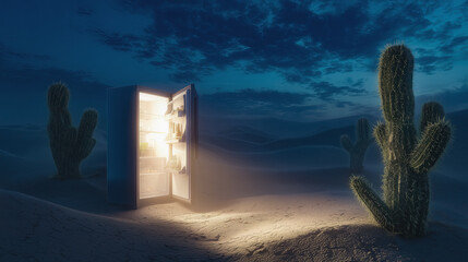 Illustration of a freezer in the desert at night