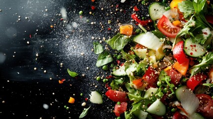 A dynamic display of fresh salad ingredients being tossed, showcasing vibrant colors and textures to create an appetizing and healthy meal full of flavor and nutrition.
