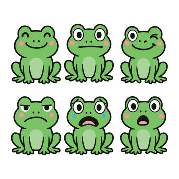 A set of six adorable cartoon frog illustrations showcasing various facial expressions and emotions. Each frog is drawn in a kawaii style with bright green colors and pink cheeks.