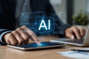 Professional using AI digital interface on tablet in a modern office setting with virtual AI data
