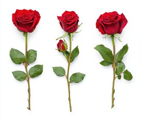 Naklejka premium Three Red Roses with Green Leaves on White Background Symbolizing Love, Romance, Beauty and Elegance for Various Floral Arrangements and Designs