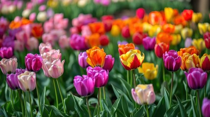Obraz premium Vibrant spring tulips in a colorful flower field.