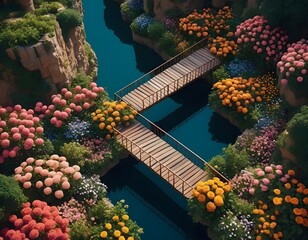 Fototapeta premium Floral River Landscape with Wooden Bridges