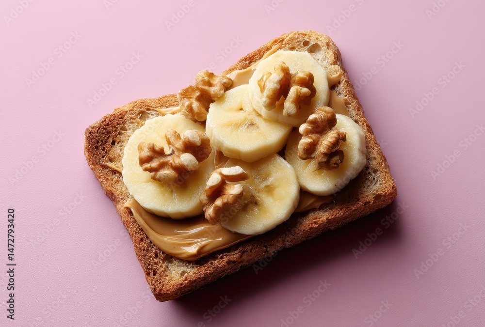Poster toast with peanut butter and banana slices topped with walnut on pink background for healthy breakfa