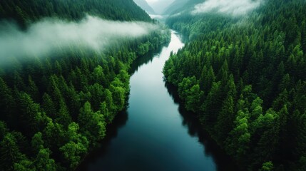 A breathtaking aerial view of a peaceful river winding through a dense, lush forest, enveloped in gentle mist, evoking a sense of tranquility and natural beauty.