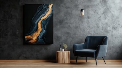 An elegant interior scene displaying a comfortable blue armchair with a stylish wooden side table, adorned by a soothing painting that enhances the warm ambiance of the room.
