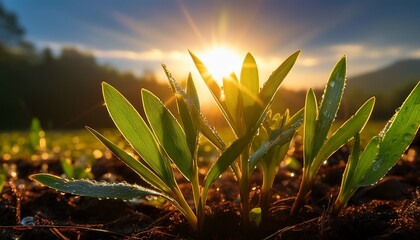 radiant sunrise illuminates dew kissed leaves of a young plant symbolizing nature s rebirth and the promise of spring