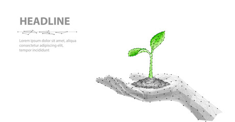 3D Plant on hand. Sprout Growth, Agriculture Technology, Grow Plant.
