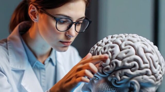 woman examines brain