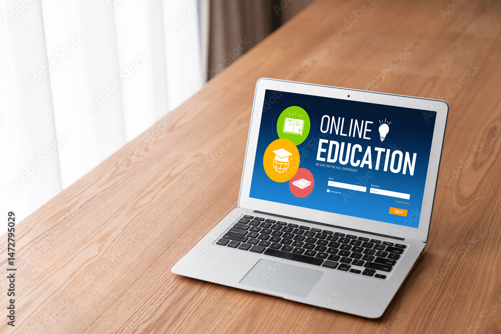 Poster e-learning website with modish sofware for student to study online on the internet network