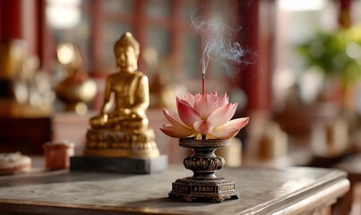 Tranquil altar scene lotus incense Buddha
