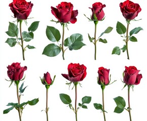 Fototapeta premium Variety of Red Roses in Different Stages of Blooming Displayed on White Background for Floral Design, Decoration, and Nature Enthusiasts