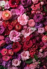 Naklejka premium Vibrant and Colorful Floral Arrangement Featuring Roses, Ranunculus, Peonies, and Various Blooms in Shades of Pink, Red, and Purple for Decorative Use