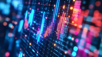 Obraz premium Digital Data Visualization: A futuristic composition showcases an intricate web of interconnected data streams, shimmering with vibrant colors and intricate patterns.