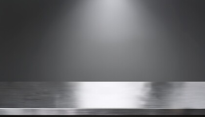 silver steel countertop empty shelf realistic mockup of table top kitchen counter on gray background with spot light bar desk surface in foreground