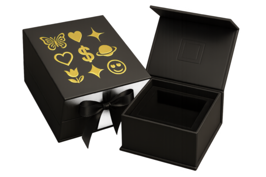 Luxury packaging icons set – butterfly, heart, dollar, hat, sparkle, smile. 3D icon set