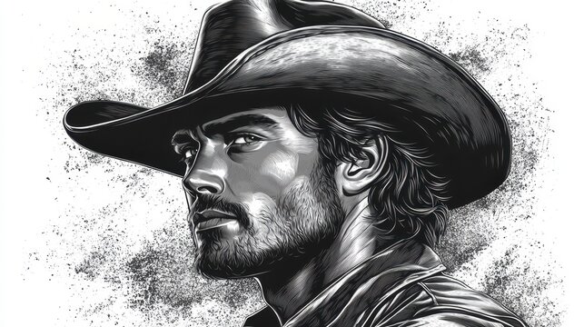 A rugged man in a cowboy hat, gazing intently, depicted in grayscale with detailed shading