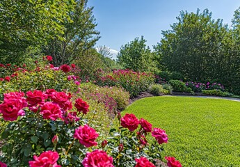 Vibrant Garden Scene with Colorful Roses and Lush Green Grass Under a Clear Blue Sky on a Bright Sunny Day