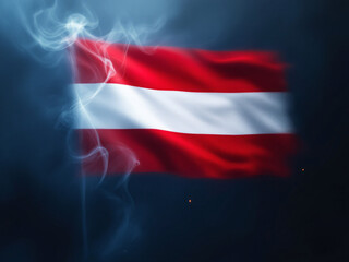 Austrian flag with red and white stripes on dark background with smoke.