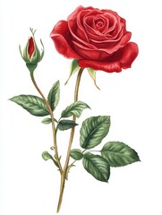 Obraz premium Vibrant Red Rose with Bud and Lush Green Leaves Illustrating Natural Beauty in Floral Art Design