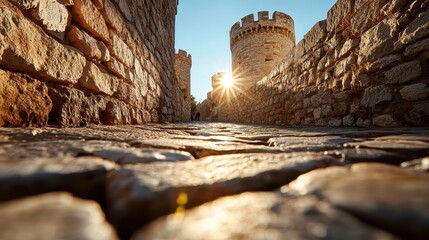 The image captures a stunning ancient fortress at sunset, highlighting the stone walls and towers bathed in warm light, creating a magical atmosphere for historical exploration and photography.