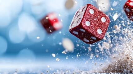 Red Dice Rolling Against Blue Background