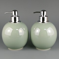 Fototapeta premium Elegant Bathroom Accessories: Pair of Ceramic Soap Dispensers in Soft Green