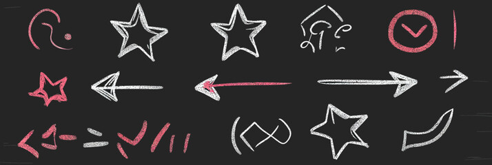 Hand drawn red and white star sparkles arrows and check marks chalkboard doodle style underline emphasis elements set vector illustration minimalist design