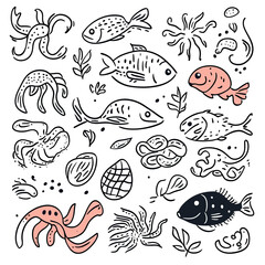 Hand drawn vector set of diverse sea creatures including fish octopus shrimp shellfish jellyfish and seaweed in minimalist doodle sketch style for design and menu icons