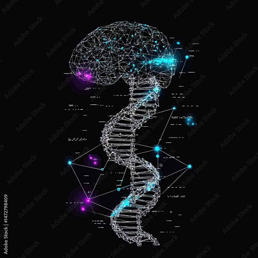 Poster digital wireframe brain and dna double helix with glowing data points and neural network connections