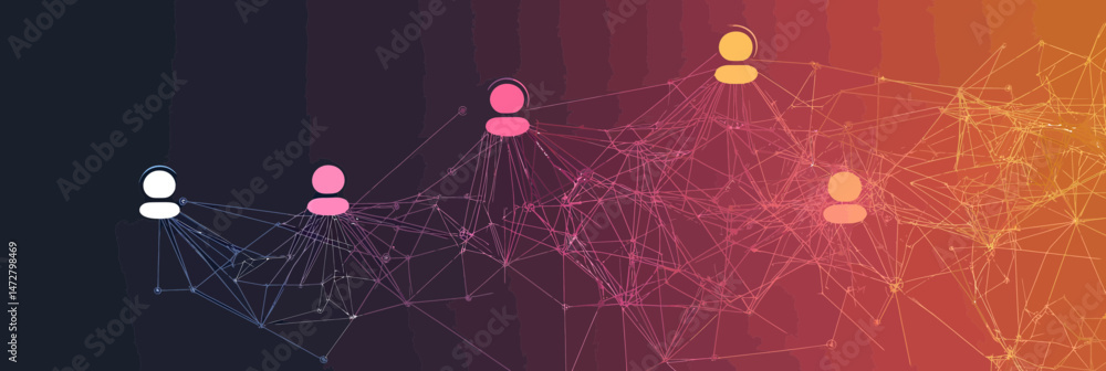 Poster abstract colorful social network connection banner with user icons linked by geometric lines and nod