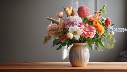a decorative vase filled with a variety of colorful flowers is placed on a wooden table enhancing the aesthetic of the room